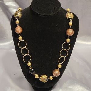 Vintage HIilary London Murano Glass Necklace Gold Foil Black Bronze Giltter